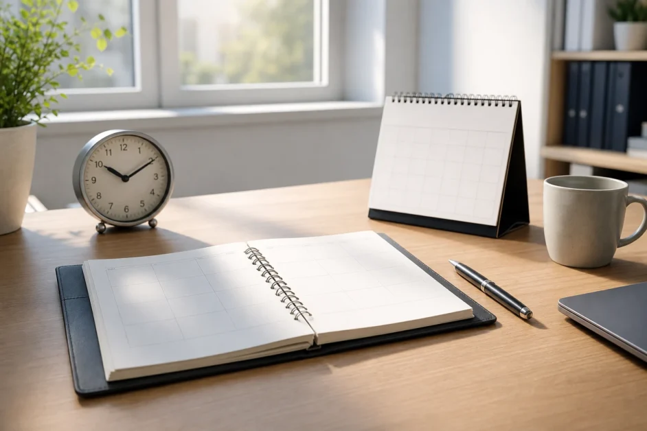 Gestione del tempo con agenda, calendario e orologio su una scrivania ordinata