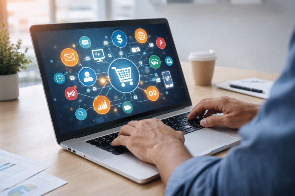 Persona che lavora al computer gestendo diverse attività di business online