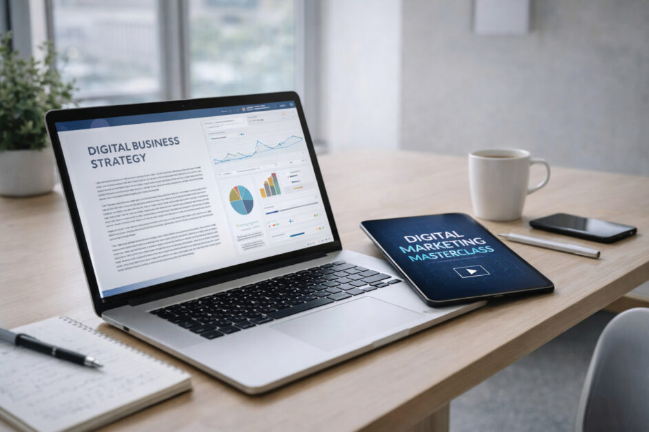 Laptop con ebook e corsi online che rappresentano prodotti digitali scalabili