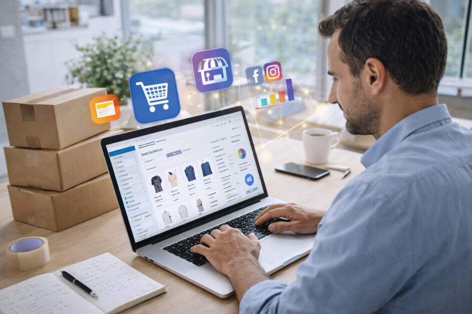Persona che gestisce un negozio online su piattaforme digitali