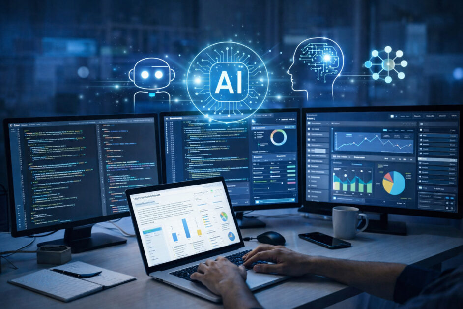 Computer con codice e dashboard che rappresentano business tecnologici e AI