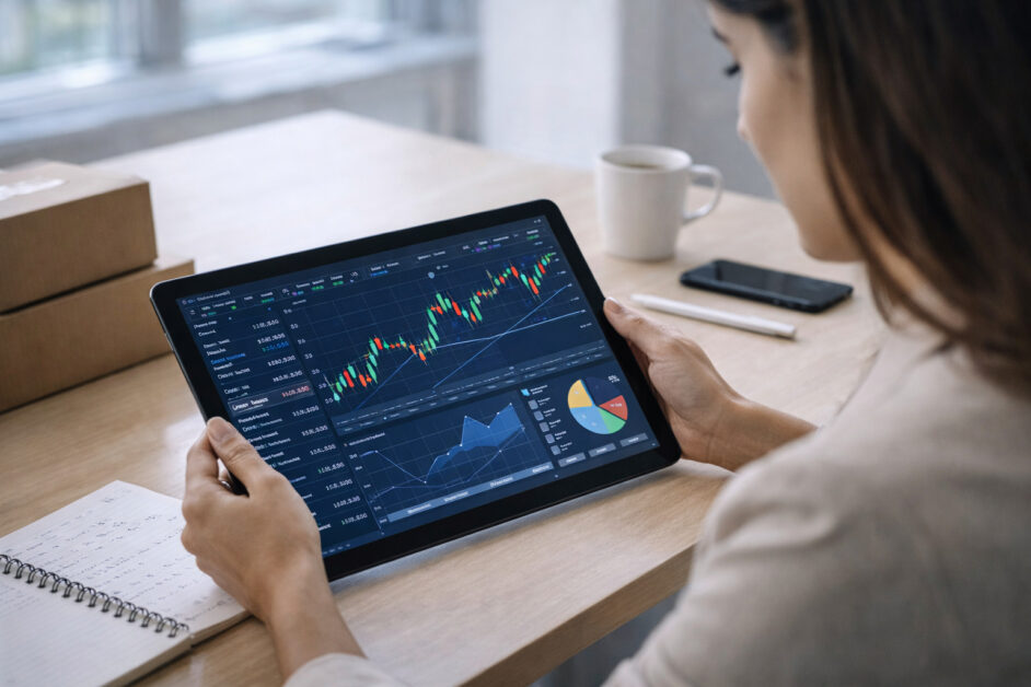 Persona che analizza grafici finanziari online su laptop