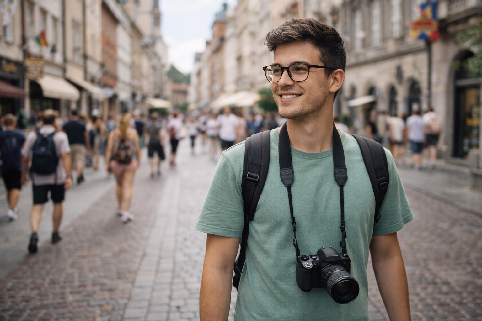 Studente universitario con macchina fotografica in una città turistica