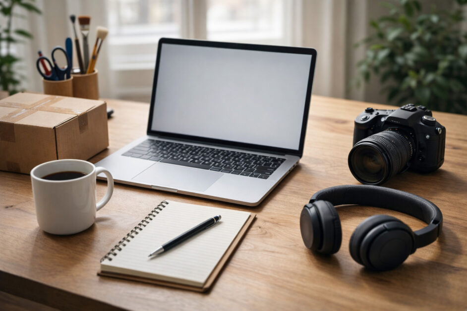 Scrivania con strumenti che rappresentano diverse idee di business, dal lavoro digitale alla vendita e ai servizi.