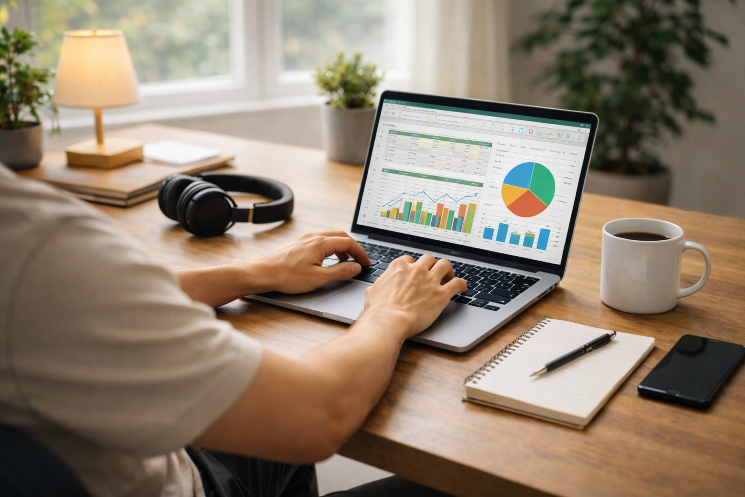 Persona che lavora al computer da casa in un ambiente moderno, rappresentazione dei lavori digitali e online.