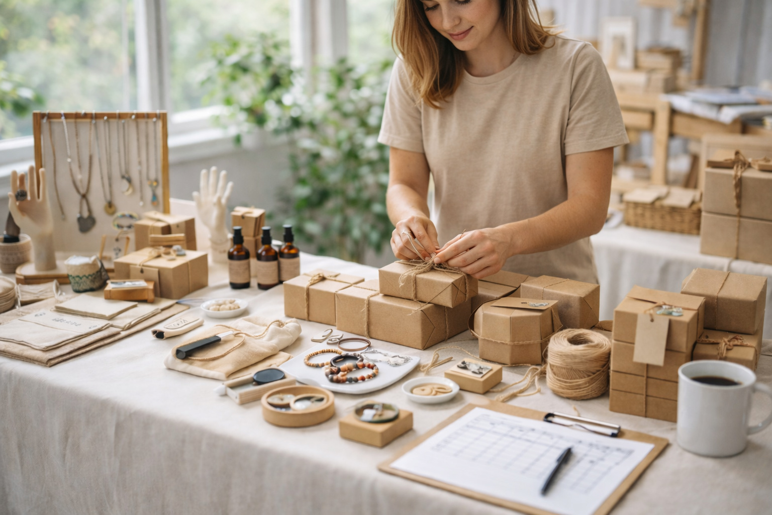 Banco di vendita con prodotti artigianali esposti, rappresentazione di attività commerciali.