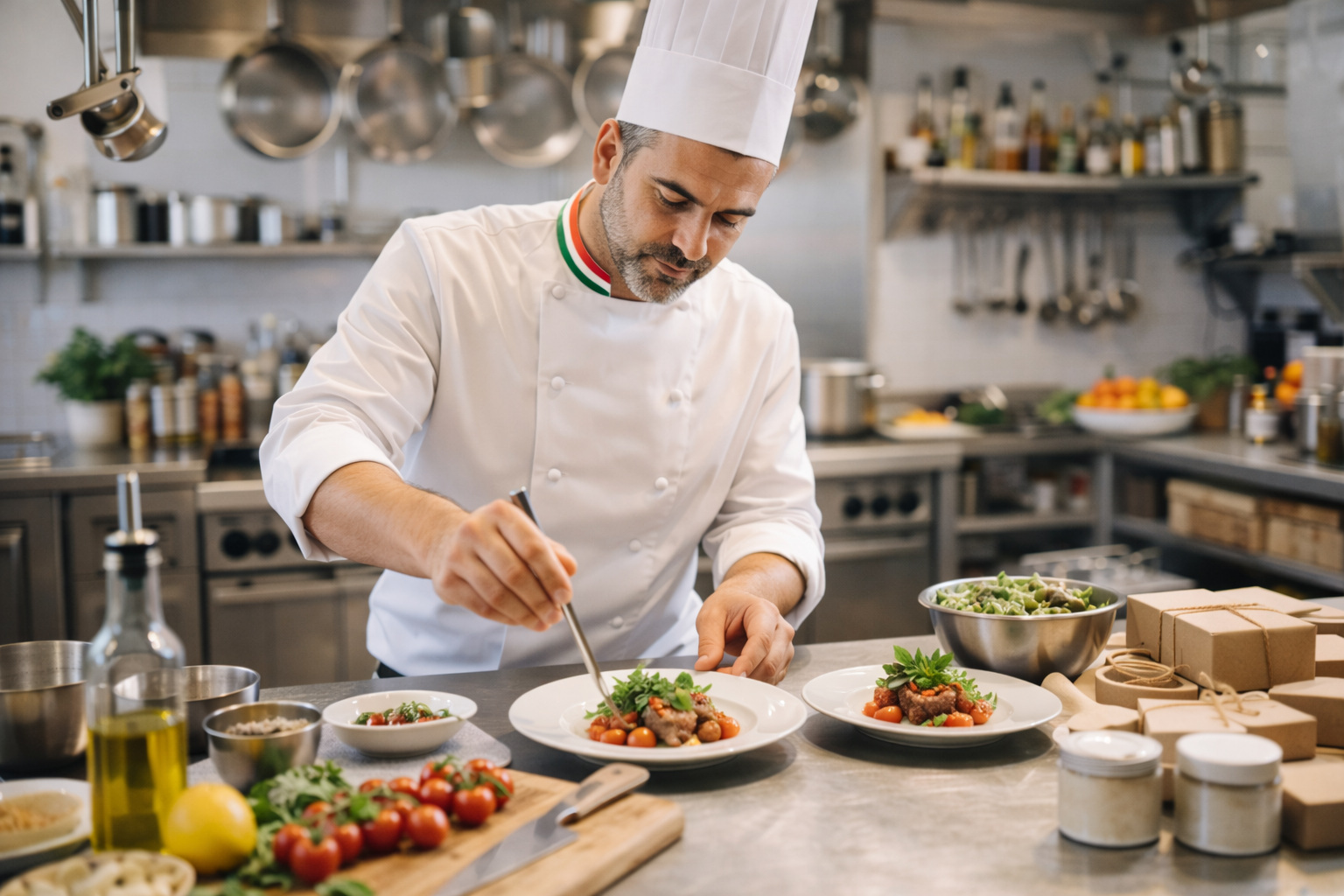 Chef che lavora in cucina professionale, rappresentazione di attività nel settore ristorazione.