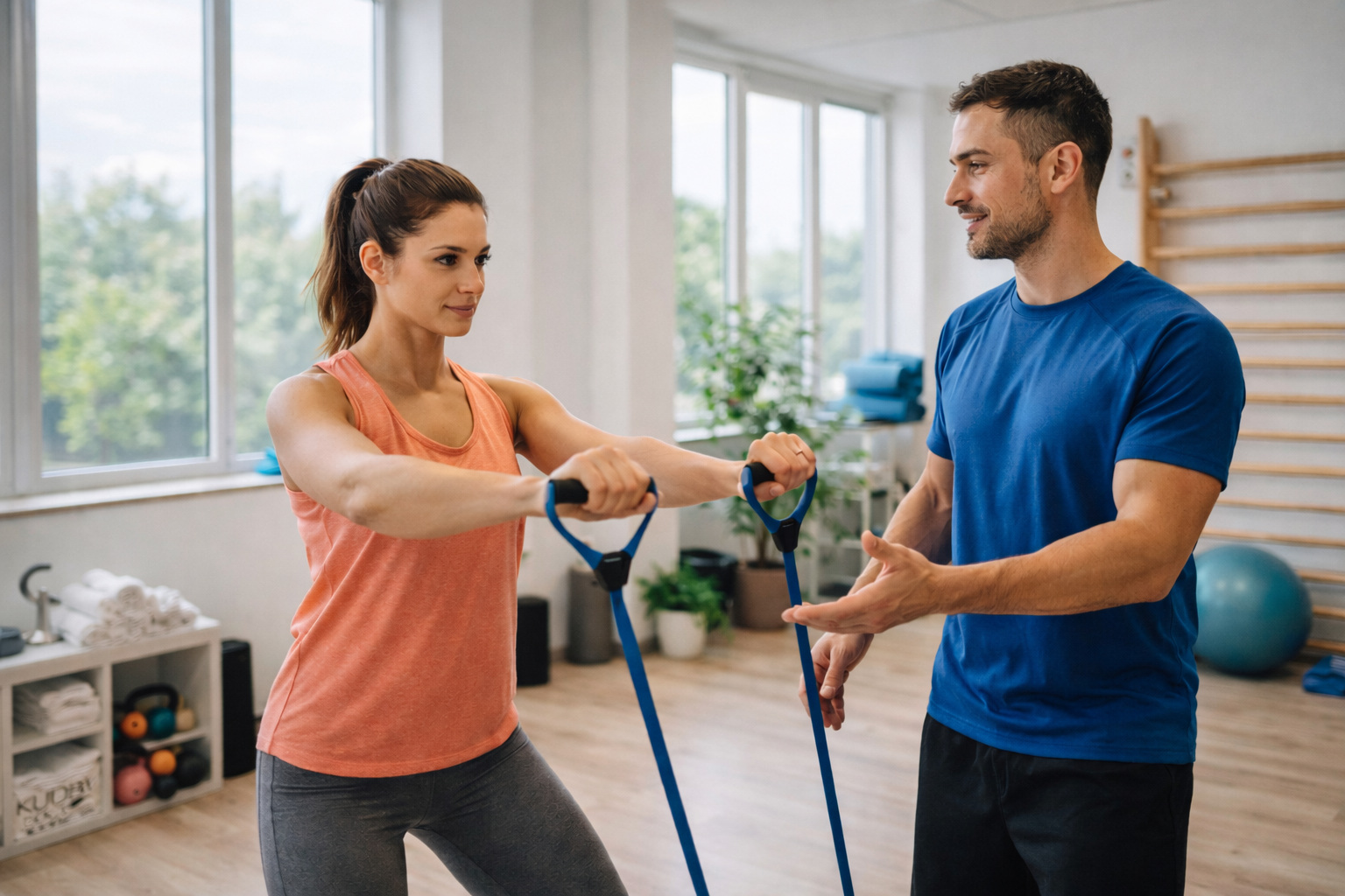 Allenamento con personal trainer in uno studio fitness moderno.