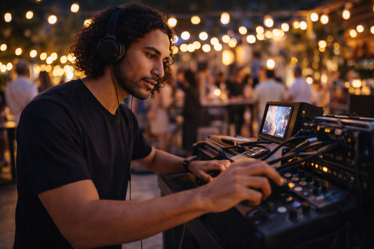 Allestimento di evento con attrezzatura fotografica e luci decorative.