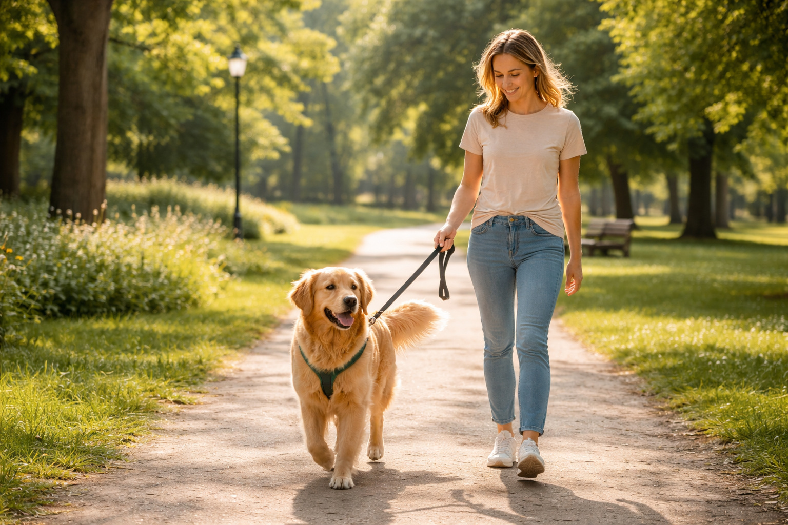 Dog walker che porta a spasso un cane in un parco.