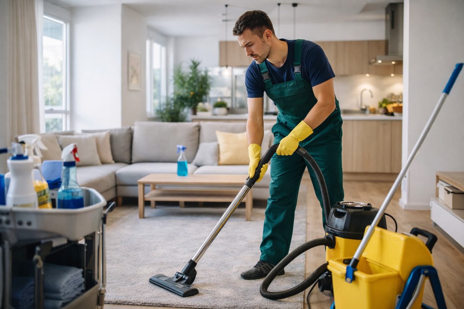 Operatore che svolge lavori di pulizia in un ambiente domestico.