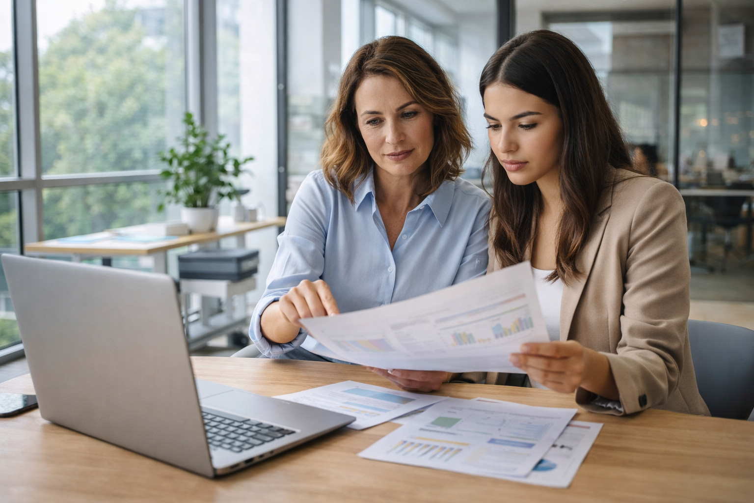Professionisti che discutono documenti in un ufficio moderno.