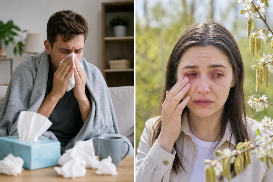 Differenza tra raffreddore e allergia con naso che cola e starnuti