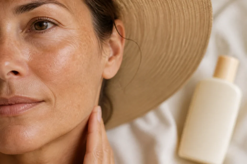 Pelle danneggiata dal sole con macchie solari e protezione quotidiana