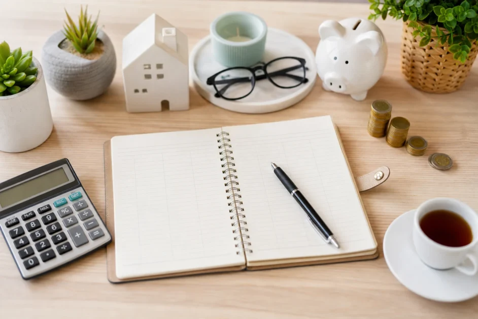 Gestione del budget personale con quaderno, calcolatrice e monete