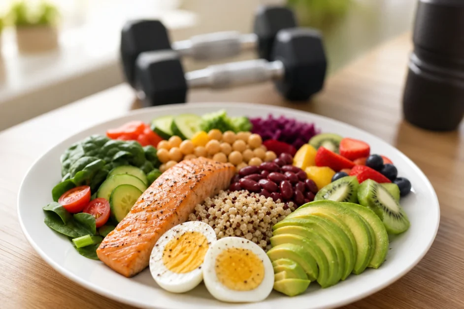 Alimentazione per tonificare il corpo con proteine, cereali integrali e verdure