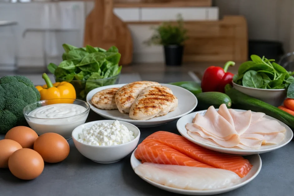 Cibi proteici per massa magra con uova, pollo, tacchino e verdure