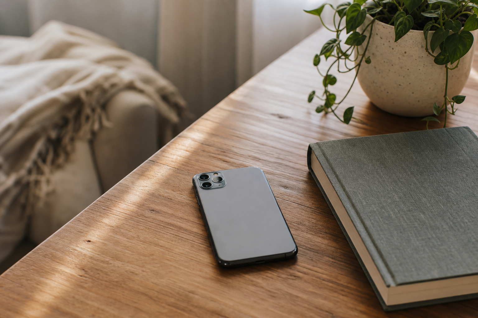 Smartphone appoggiato a faccia in giù su un tavolo vicino a una finestra.
