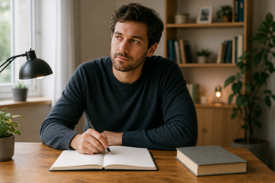 Persona alla scrivania con un libro chiuso e una penna sopra il quaderno, concentrata nel ricordare quanto studiato.