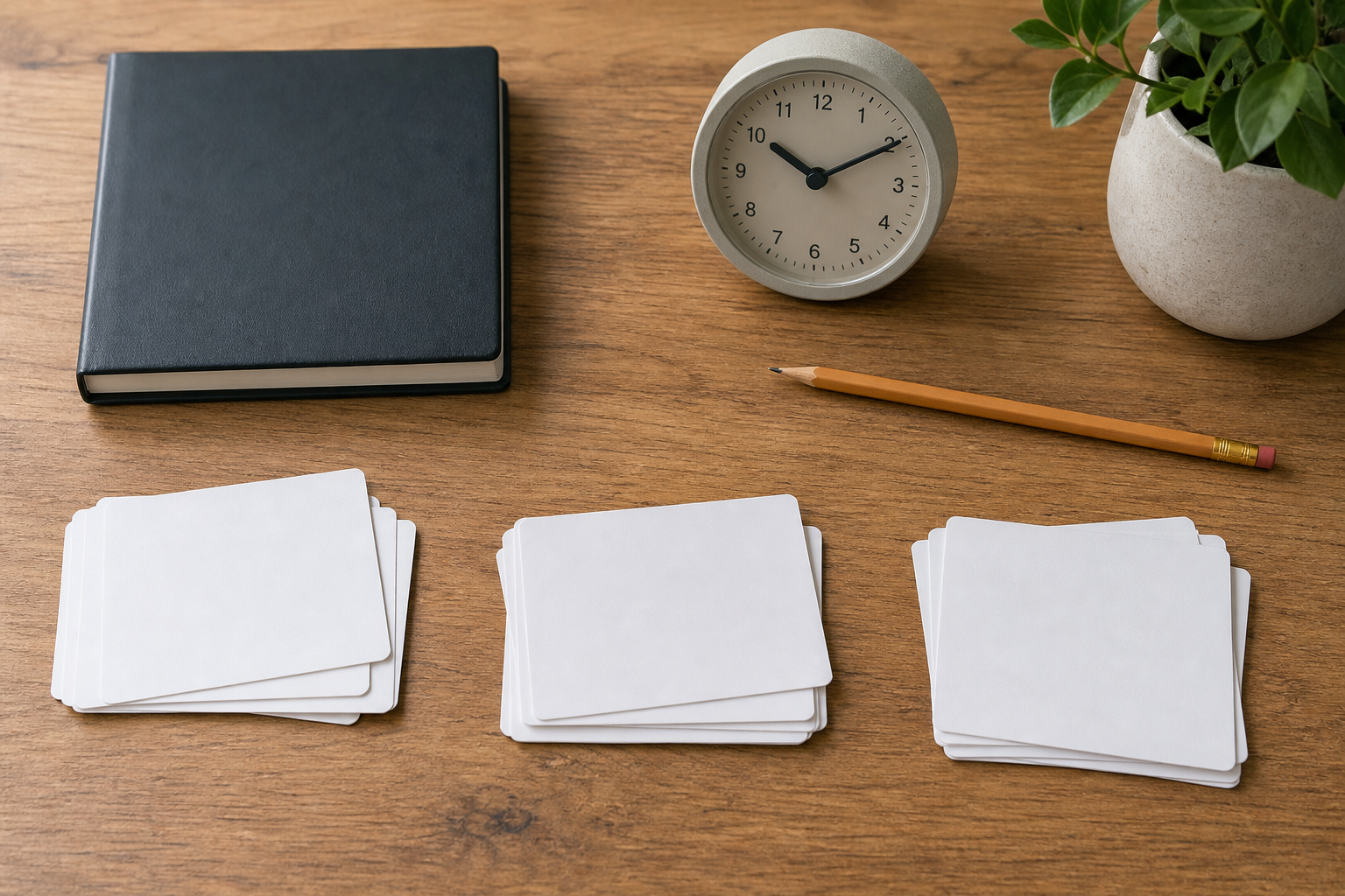 Tre gruppi di schede di studio disposti su una scrivania per ripassi in momenti diversi.