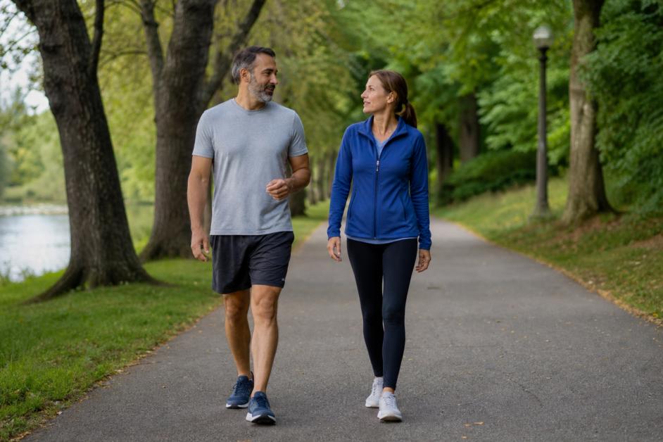 Due adulti camminano lungo un sentiero alberato del parco conversando con calma.