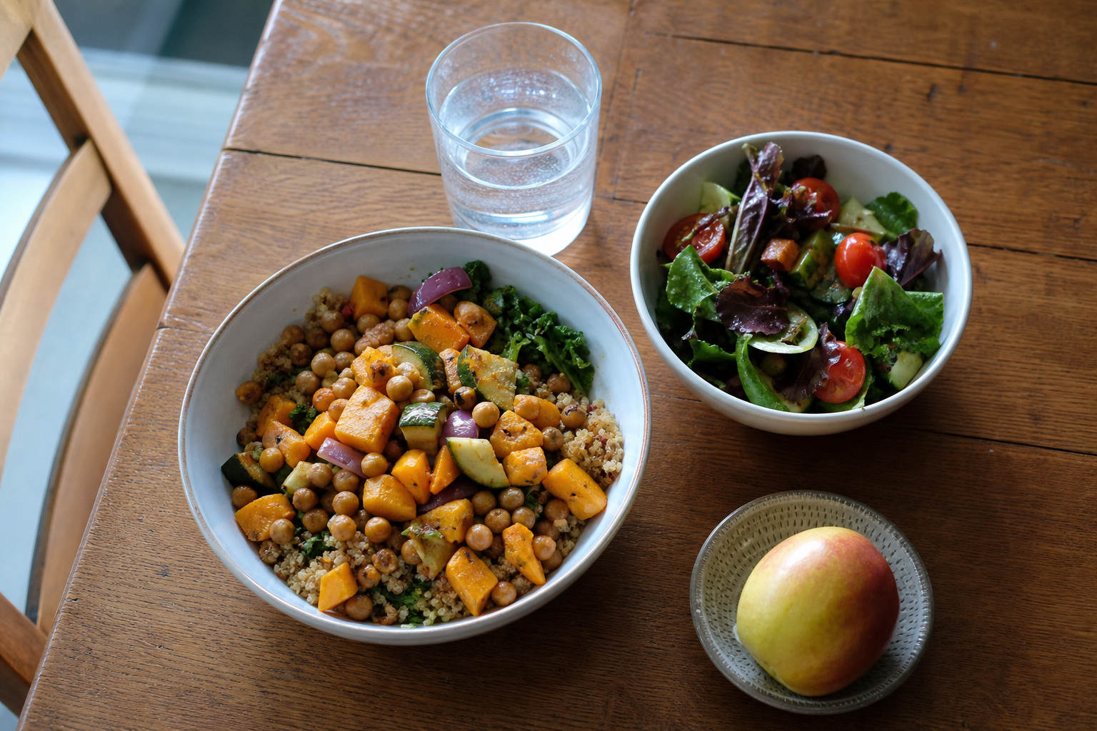 Pasto casalingo con cereali, legumi, verdure colorate e frutta su una tavola apparecchiata.
