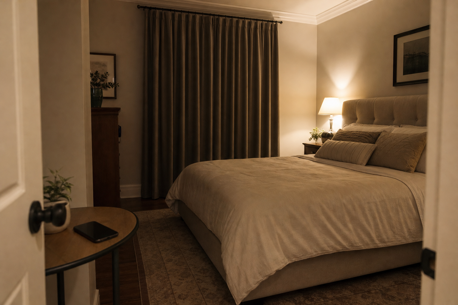 Camera da letto serale ordinata con luce soffusa, tende chiuse e telefono lasciato lontano dal letto.