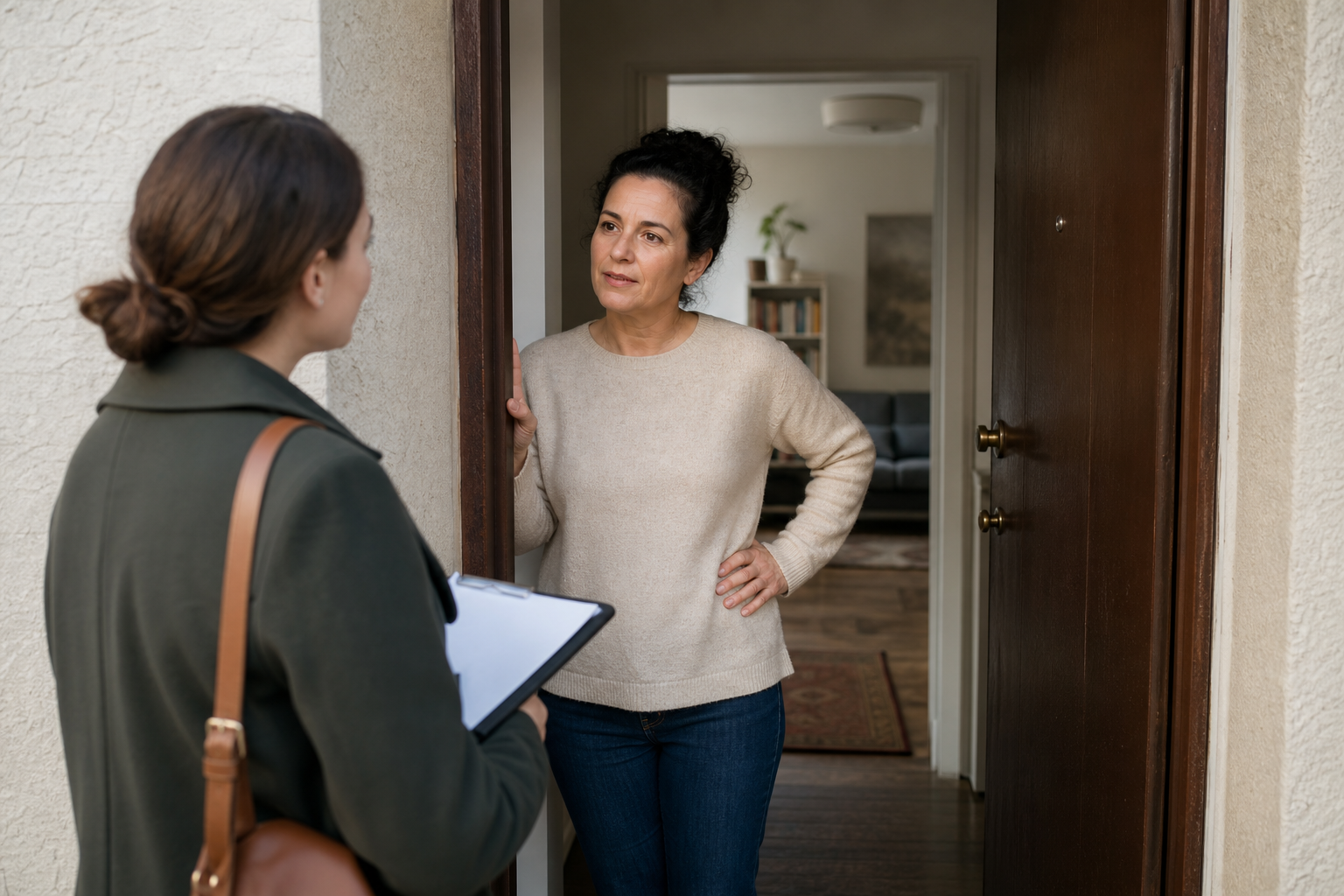 Persona sulla porta di casa parla con calma a un visitatore senza farlo entrare.