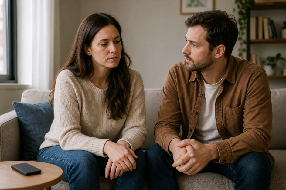 Coppia seduta sul divano: una persona appare pensierosa mentre il partner ascolta con attenzione.