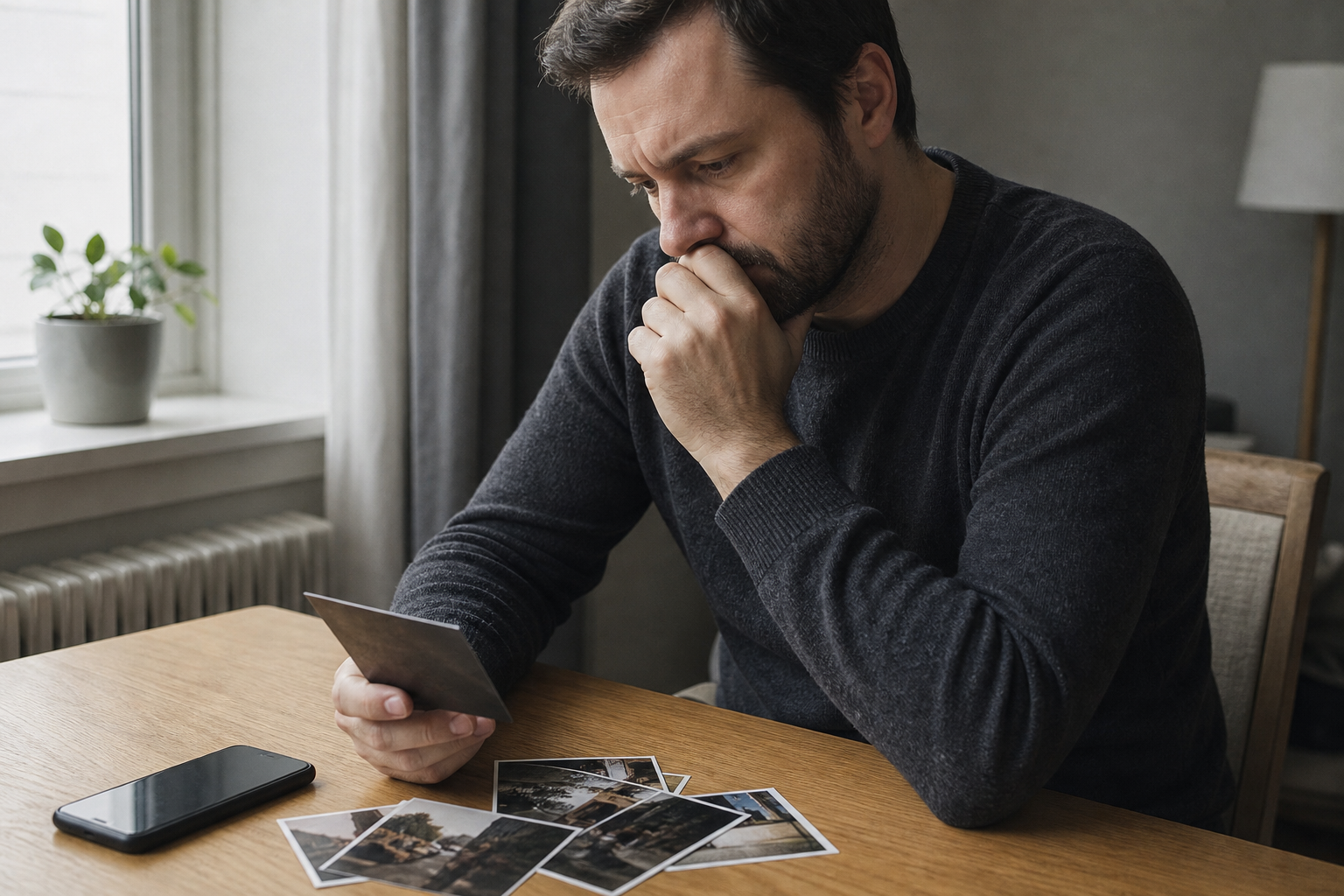 Persona seduta a un tavolo guarda con tensione fotografie sparse accanto a uno smartphone.