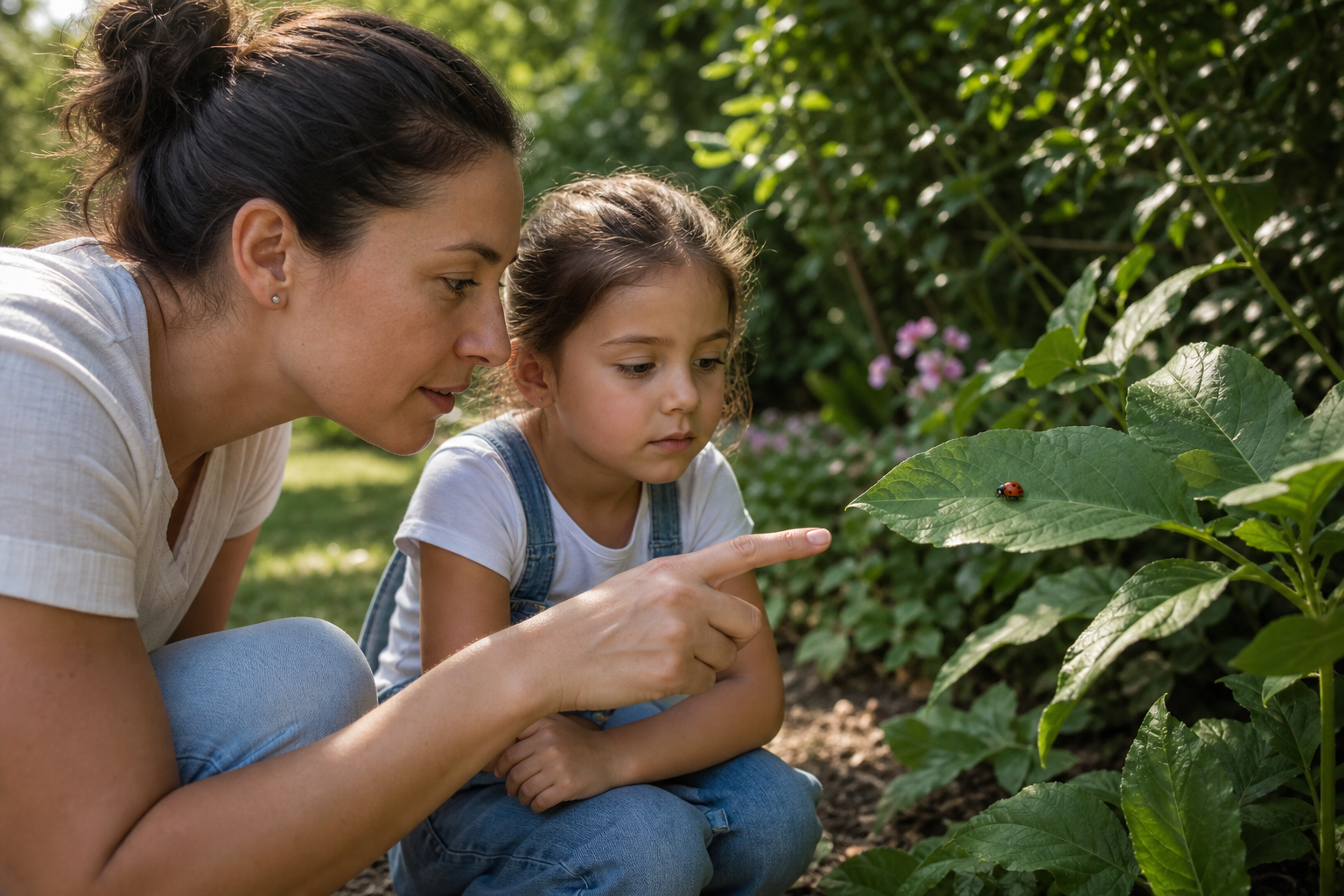 Adulto e bambino osservano a distanza una piccola coccinella su una foglia in giardino.