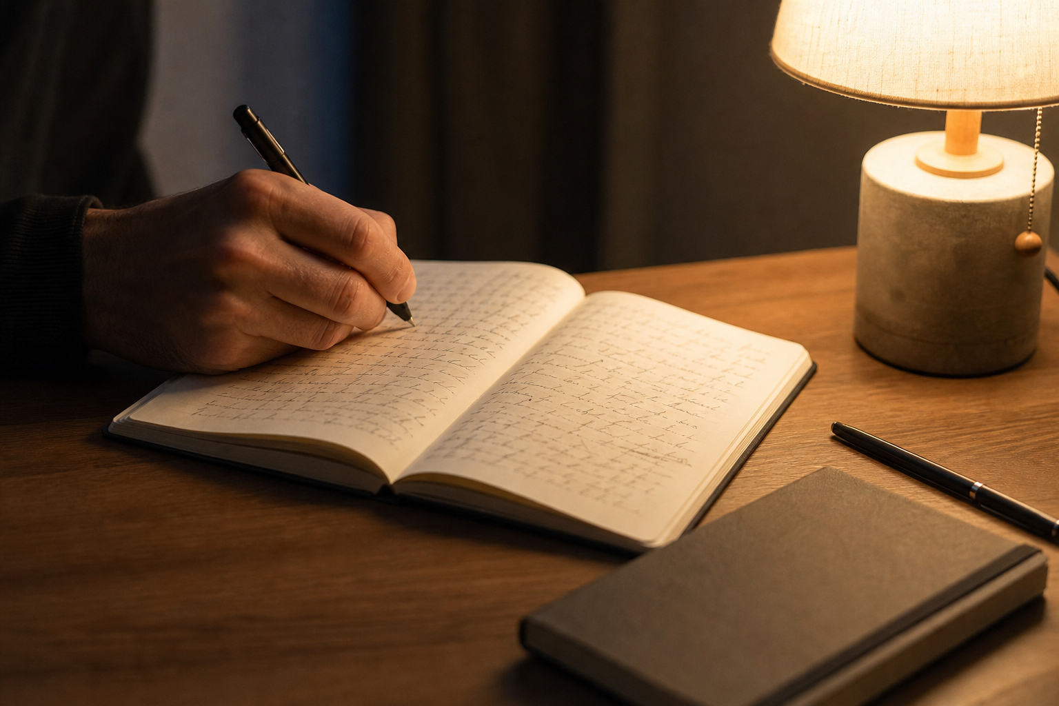 Mano che scrive alcuni appunti su un quaderno aperto accanto a una lampada dalla luce calda.