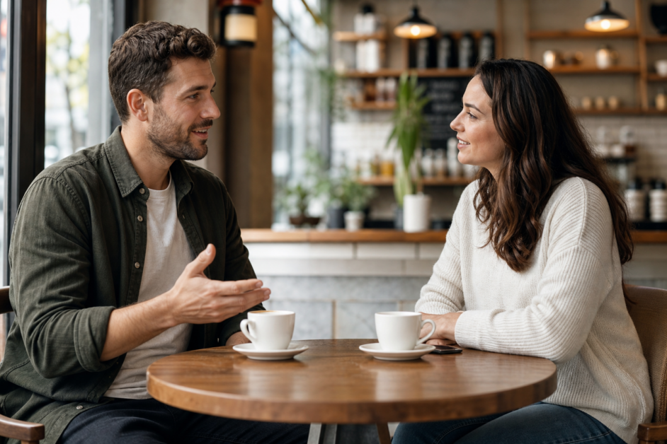 Due adulti sorridono e si ascoltano durante una conversazione al tavolino di un caffè.