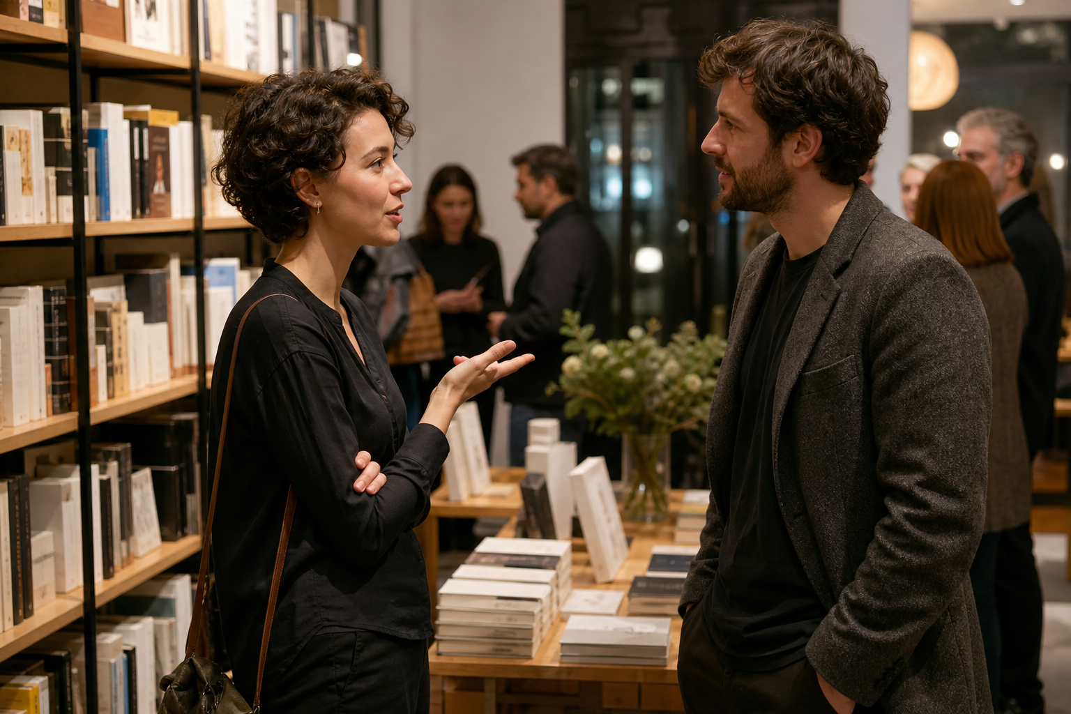 Due adulti iniziano una conversazione durante una presentazione di libri, mantenendo una distanza rispettosa.