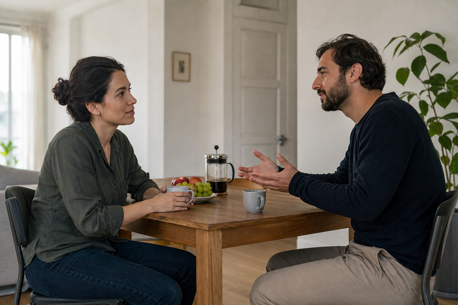 Due adulti seduti uno di fronte all’altro parlano con attenzione in un ambiente domestico tranquillo.