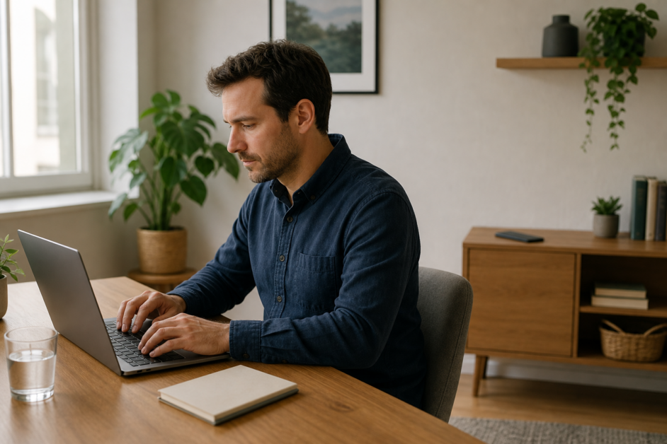 Persona concentrata al computer con lo smartphone appoggiato su un mobile lontano dalla scrivania.