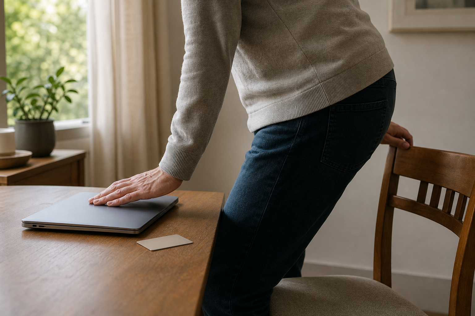 Una persona chiude il portatile e si alza dal tavolo, lasciando una carta di pagamento appoggiata accanto al computer.
