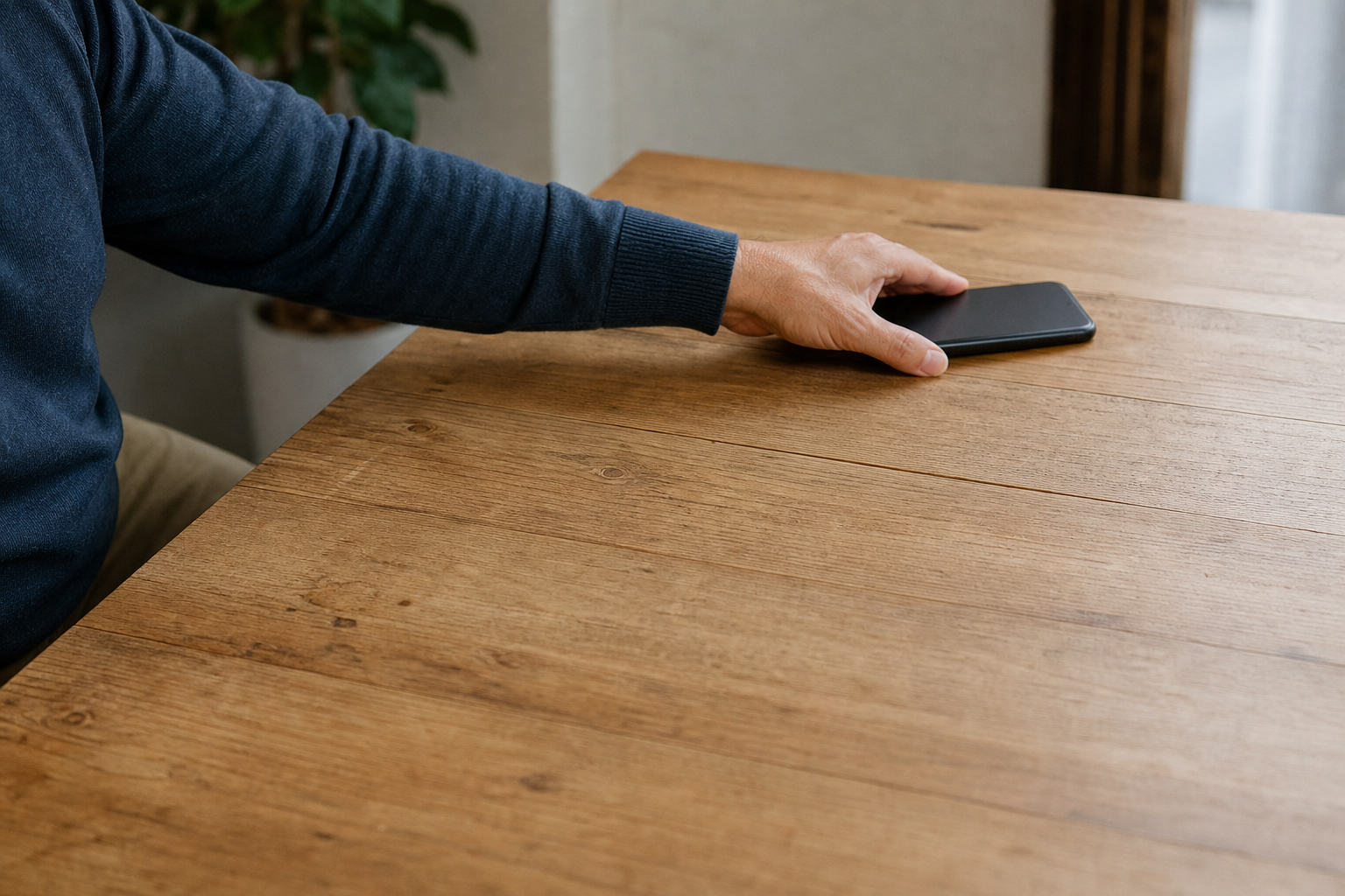 Una mano appoggia il telefono con lo schermo rivolto verso il tavolo, lontano dalla persona seduta.