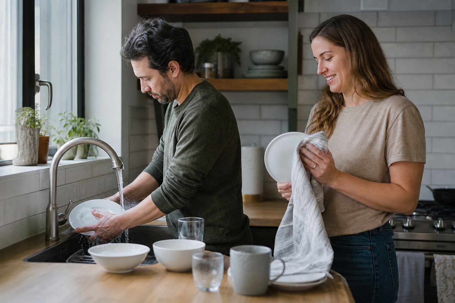 Due persone condividono il riordino della cucina: una lava i piatti e l'altra li asciuga.