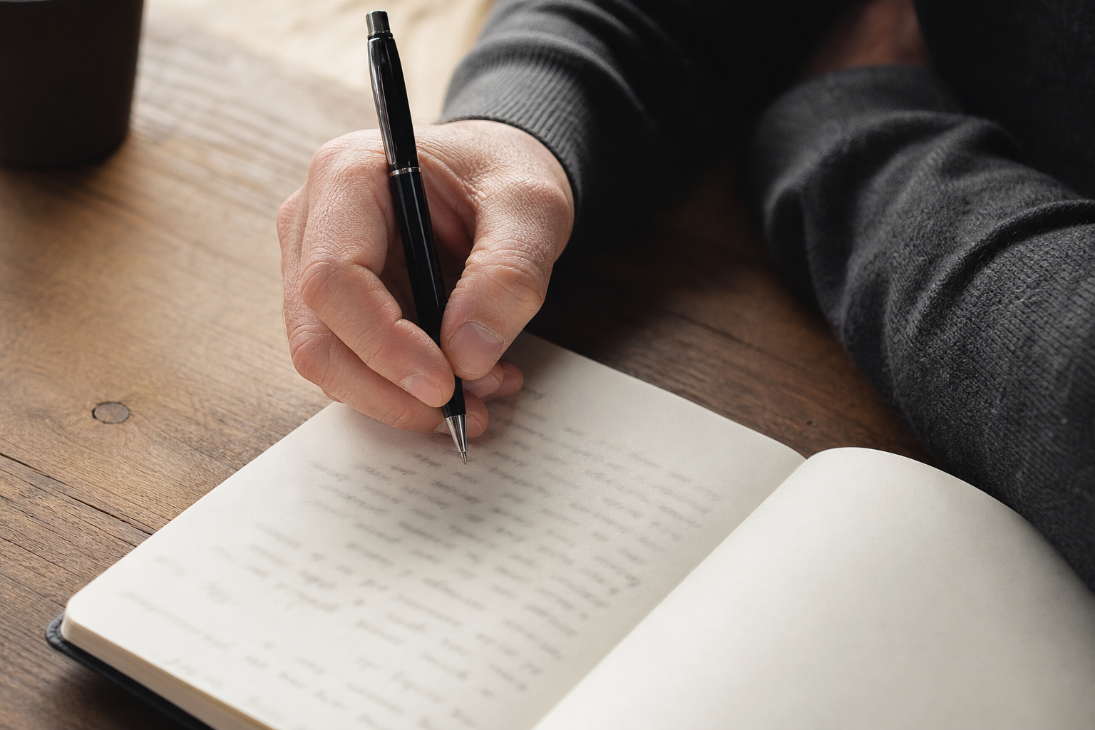 Mano con una penna su un quaderno aperto con brevi annotazioni, accanto a un tavolo.