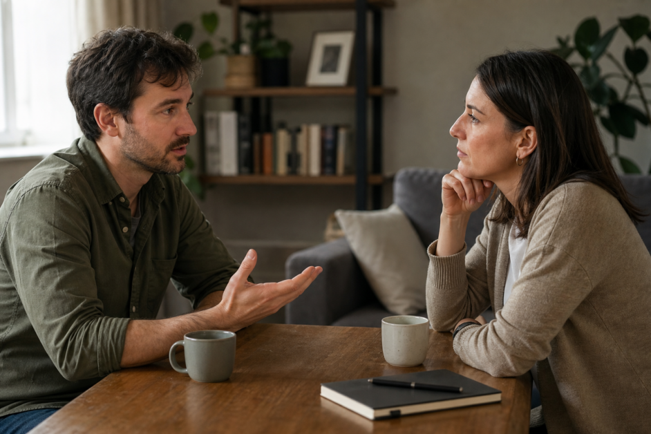 Due adulti seduti a un tavolo: uno parla con un gesto della mano aperta, l’altro ascolta con attenzione.