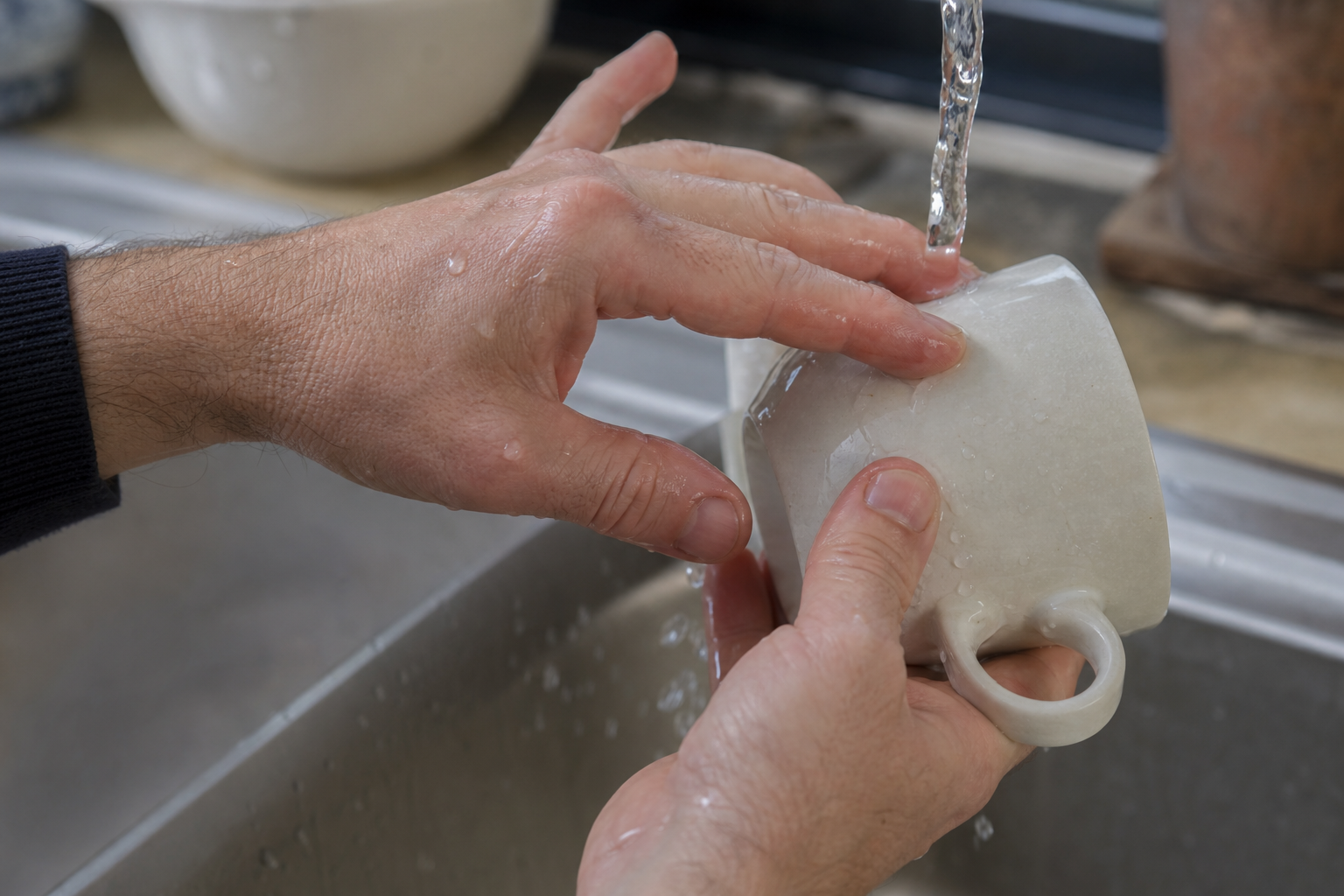 Mani che lavano una tazza sotto l’acqua corrente, con le dita a contatto con la superficie.