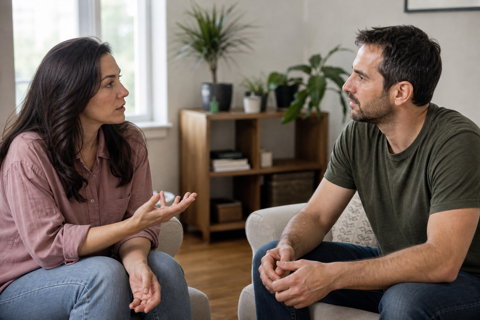 Due adulti conversano seduti di fronte: uno parla con un gesto della mano, l’altro ascolta.