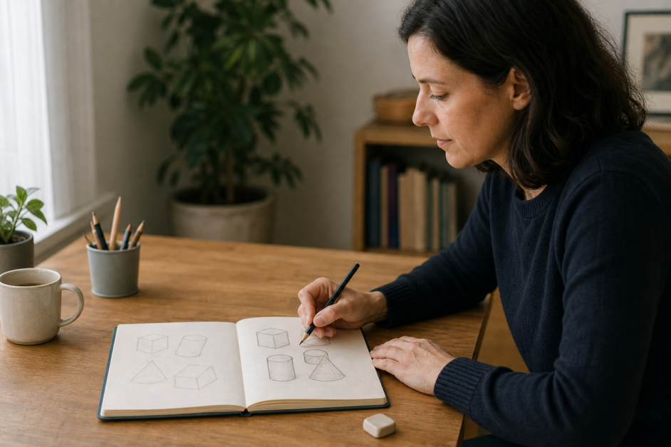 Persona alla scrivania confronta due tentativi di un disegno geometrico, con una matita in mano.
