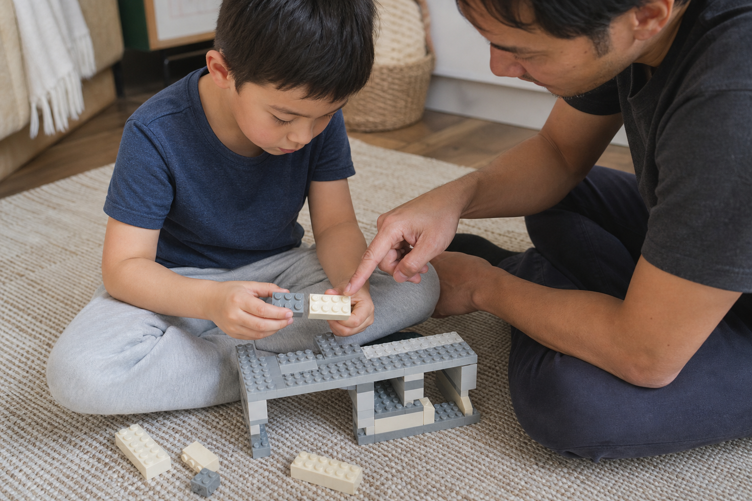 Un adulto indica a un bambino il punto di collegamento tra due pezzi di una piccola costruzione.
