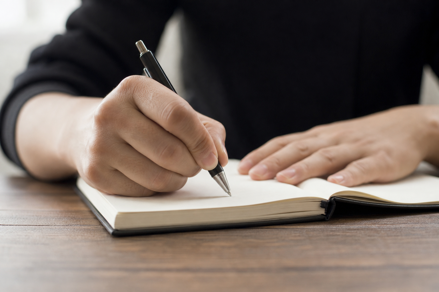 Dettaglio di una mano che scrive su un quaderno aperto appoggiato su un tavolo.