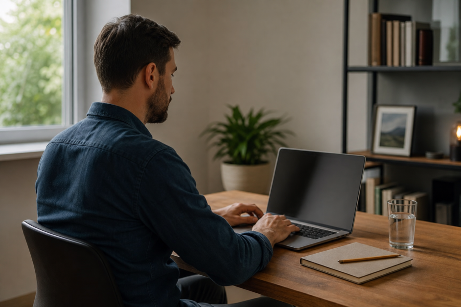 Persona concentrata al computer su una scrivania ordinata, con un quaderno chiuso e un bicchiere d’acqua.