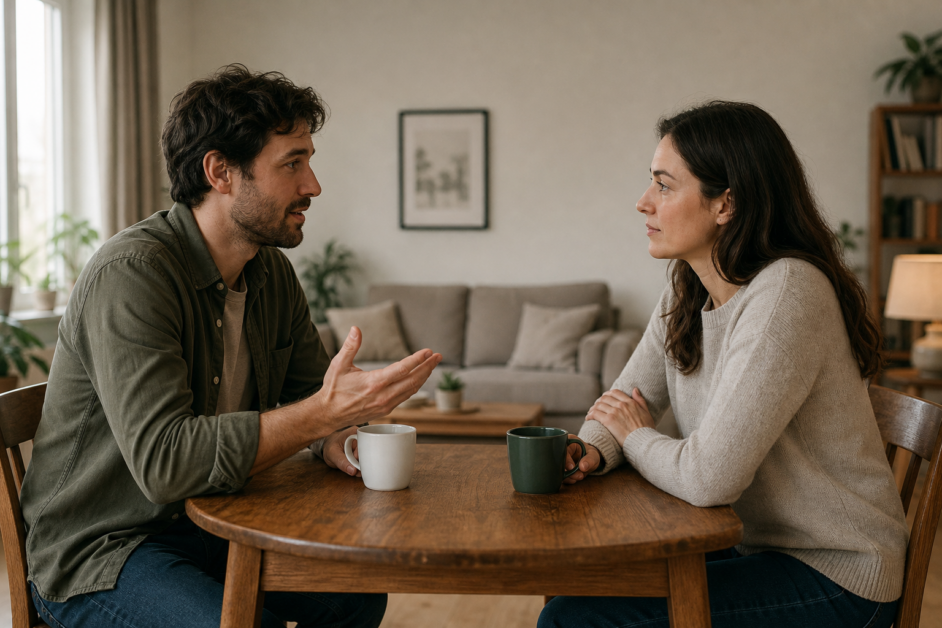 Due persone sedute a un tavolo: una parla con un gesto della mano, l’altra ascolta con attenzione.