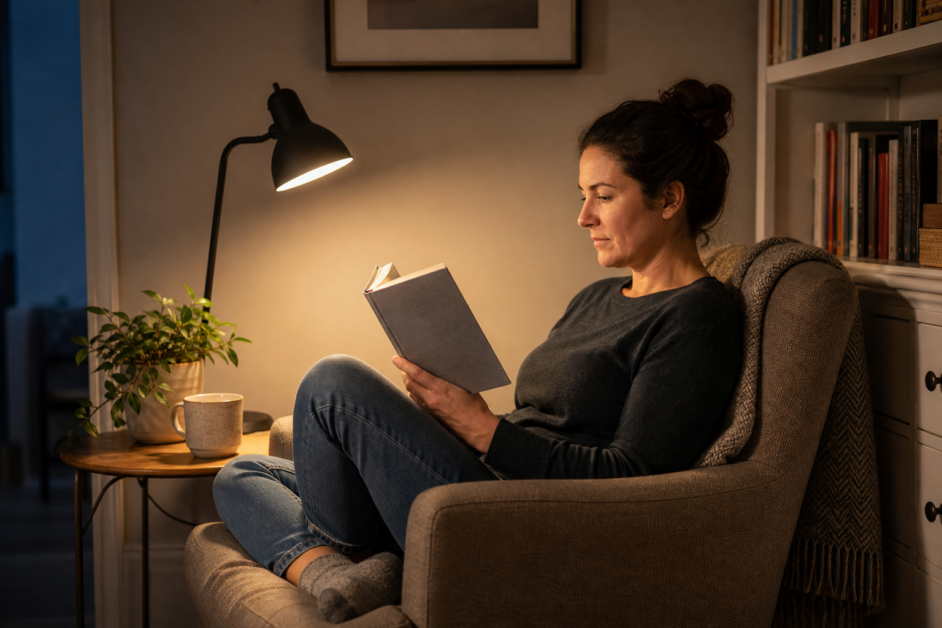 Persona seduta in poltrona che legge un libro alla luce di una lampada.