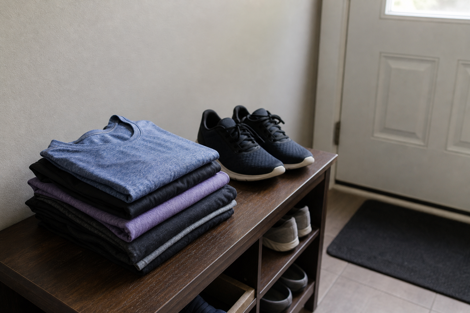 Scarpe da ginnastica e abbigliamento piegato su una panca vicino alla porta di casa.